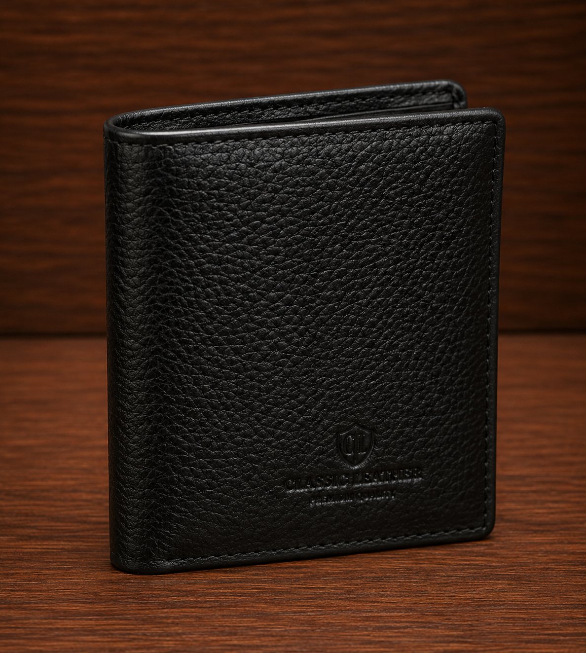Black pebbled leather bifold wallet showing rich grain texture and debossed brand shield logo
