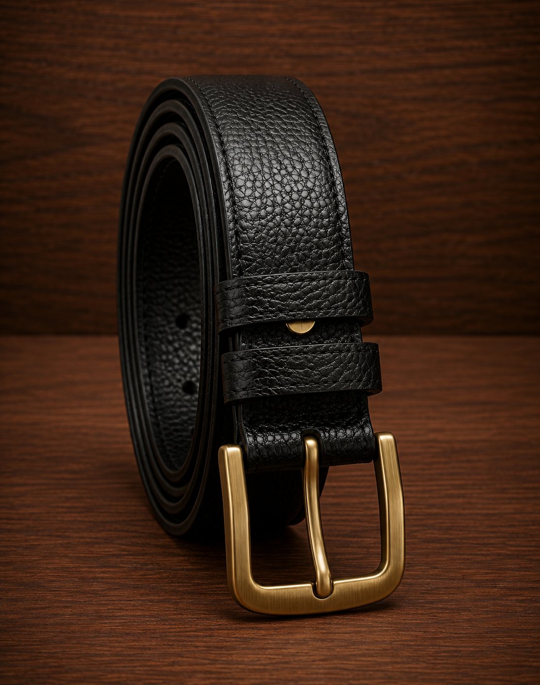Black pebbled leather belt showcasing rich grain texture, double keeper loops, and brushed brass buckle