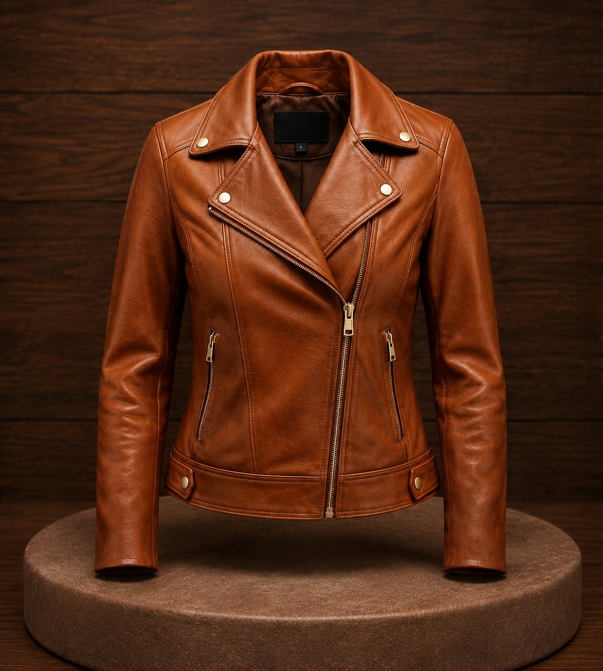 Cognac brown leather biker jacket showcasing brass snap collar studs and asymmetrical zipper