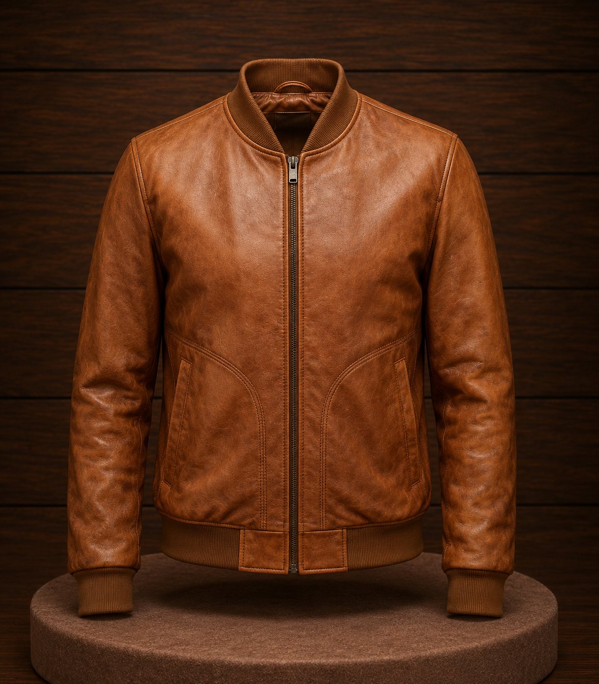 Cognac leather bomber jacket displaying ribbed collar, waist hem, and central zipper detail