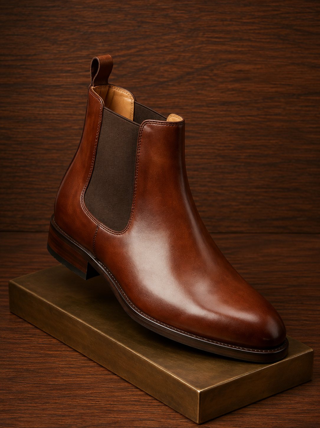 Cognac leather Chelsea boot showing smooth burnished finish, elastic side panel, and leather pull loop