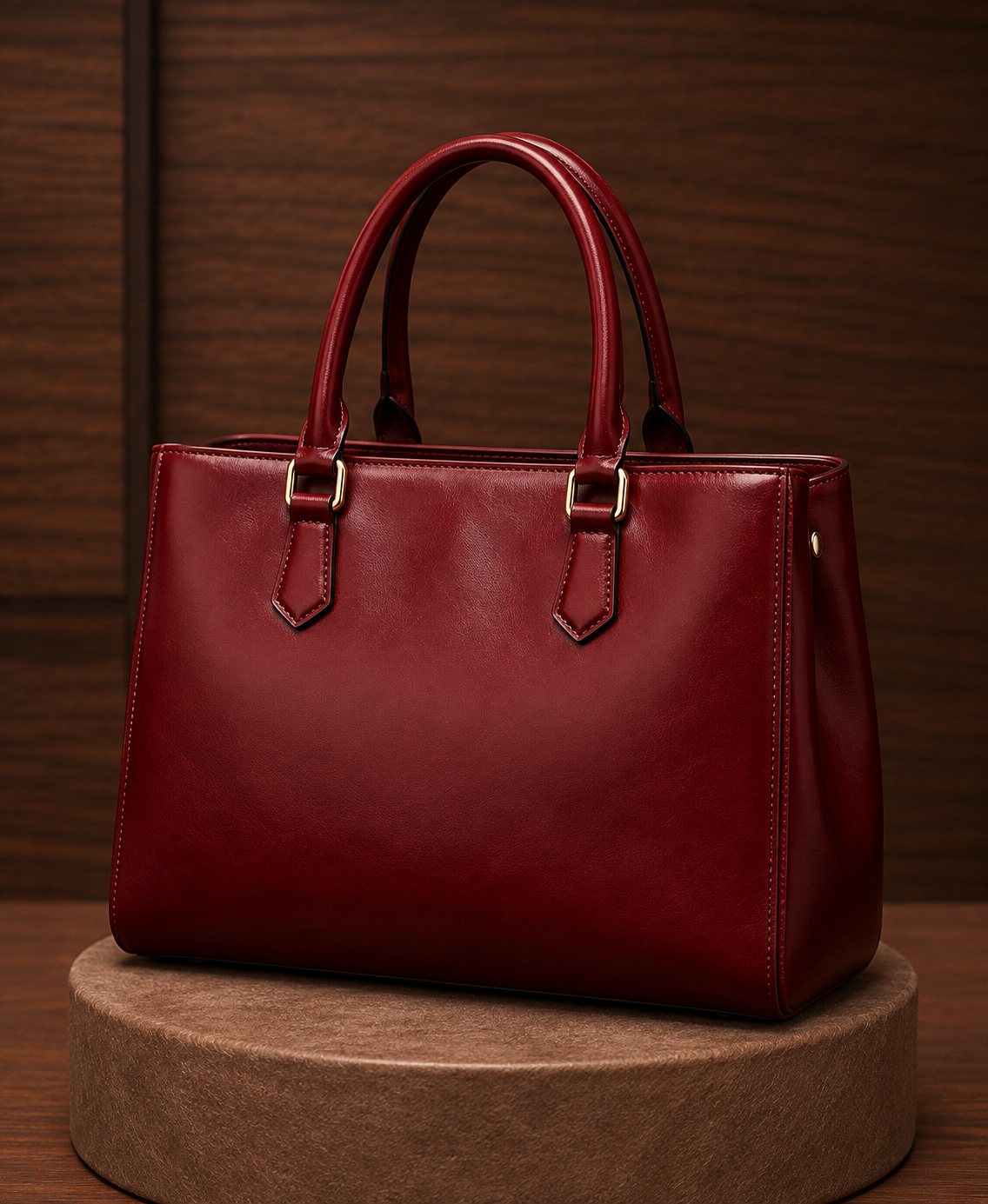 Crimson red leather tote showing stitched handle attachments and structured body