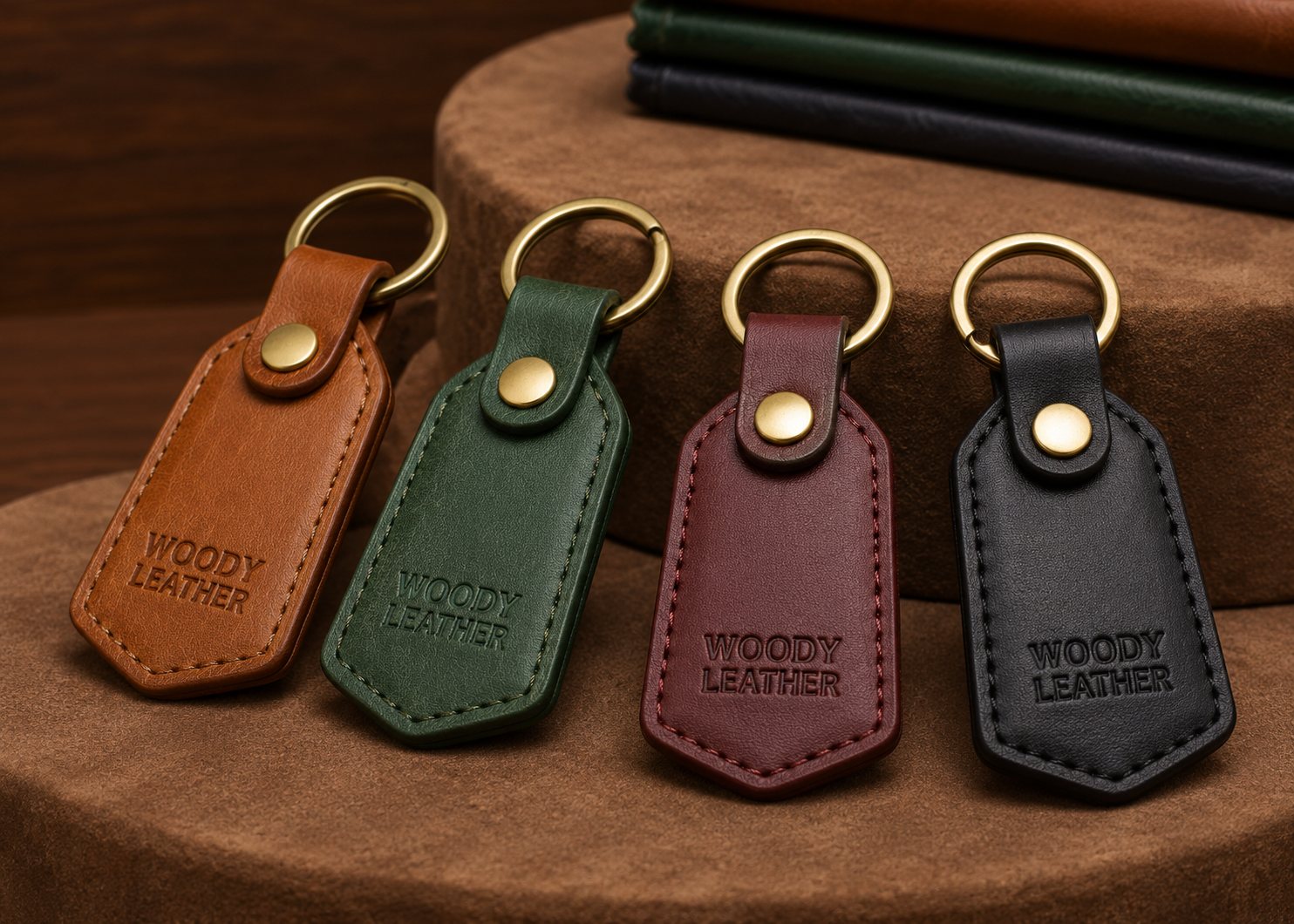 Four leather key fobs in tan, green, burgundy, and black with brass key rings resting on a suede pedestal