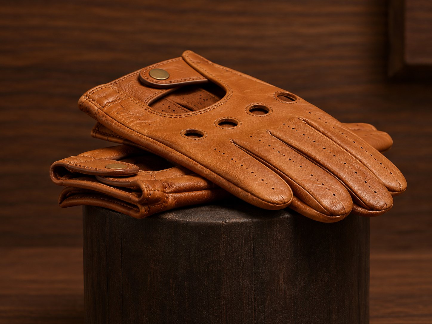 Pair of folded tan leather driving gloves with knuckle cutouts and brass snap closures on dark wooden stand