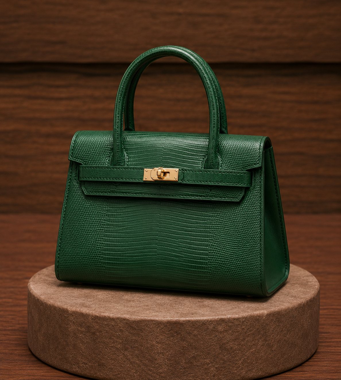 Emerald green crocodile textured leather satchel displaying gold turn-lock belt closure