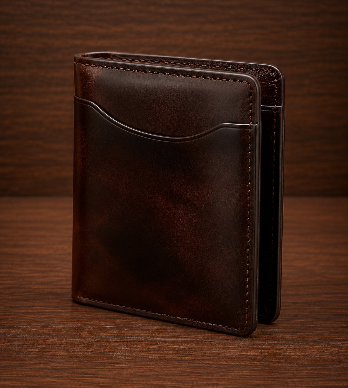 Dark brown burnished leather bifold wallet displaying curved quick-access slot and thick perimeter stitching