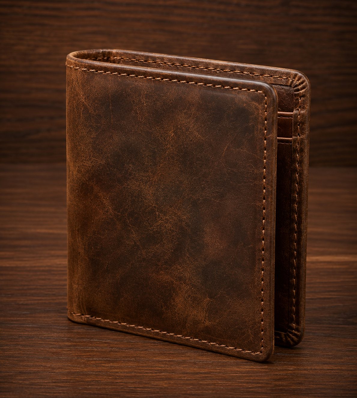 Rustic crazy horse leather bifold wallet showing natural leather texture and thick border stitching
