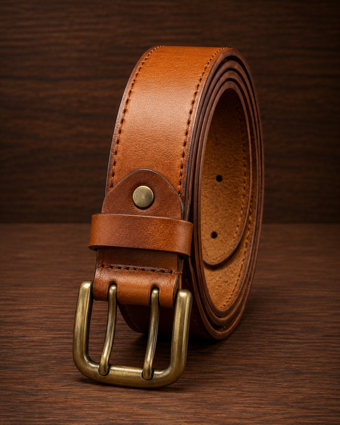 Tan leather belt showcasing double tongue antique brass buckle, rivet accent, and double-line stitching
