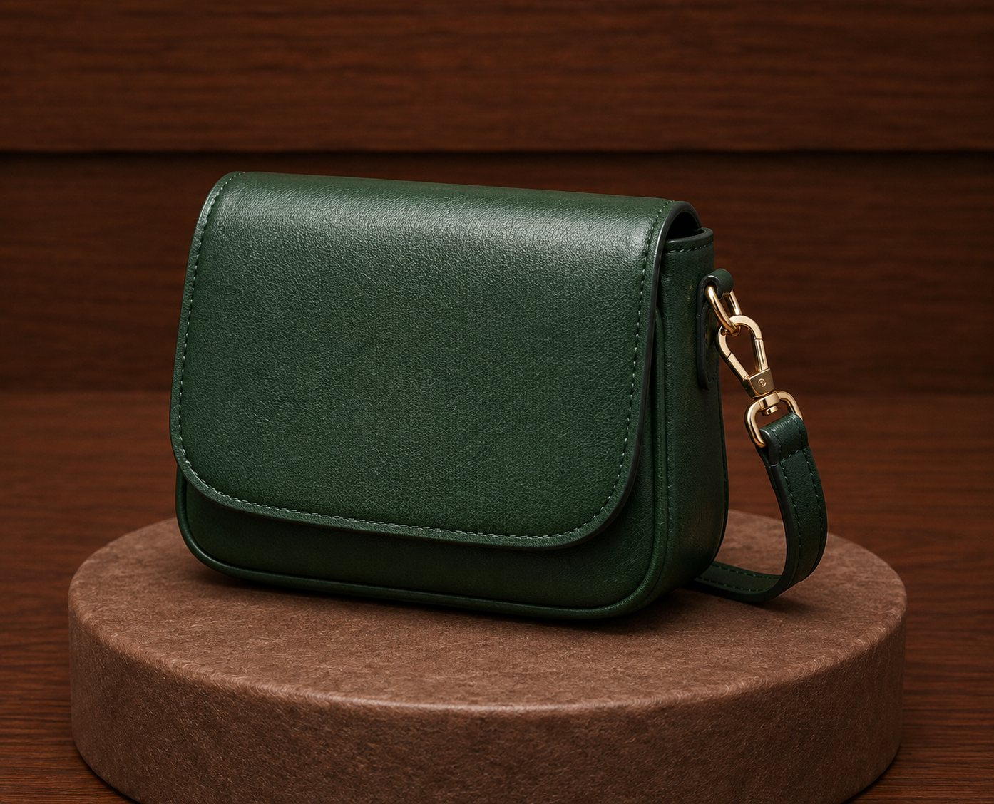Emerald green leather flap saddle crossbody bag with gold side strap hardware