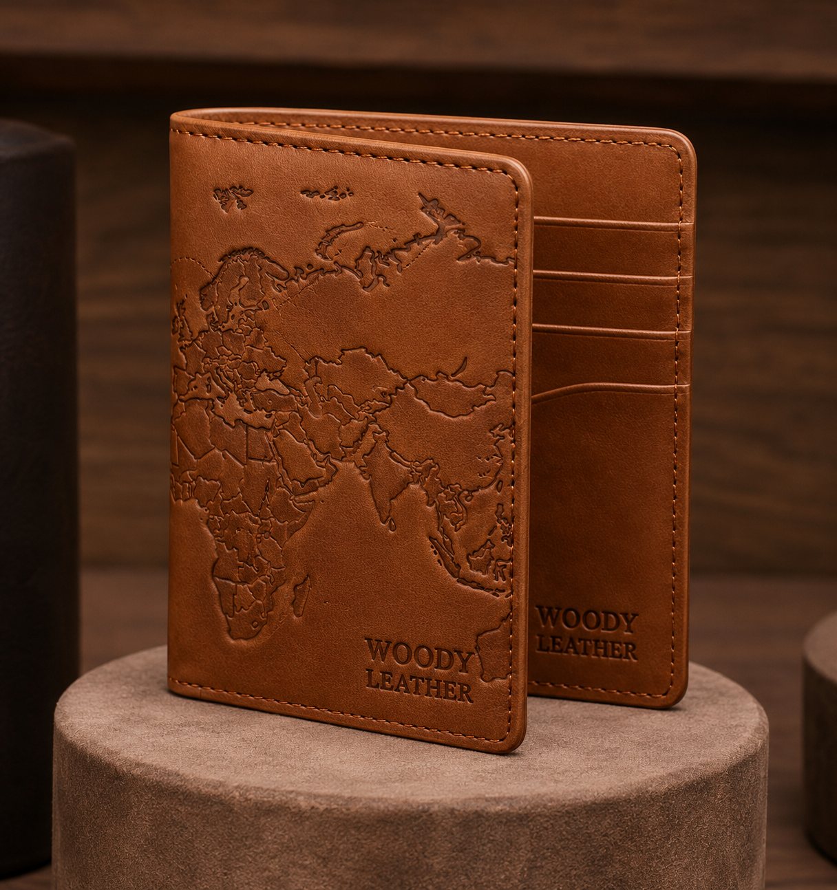 Tan leather passport cover showing detailed debossed continents, inner card slots, and embossed branding