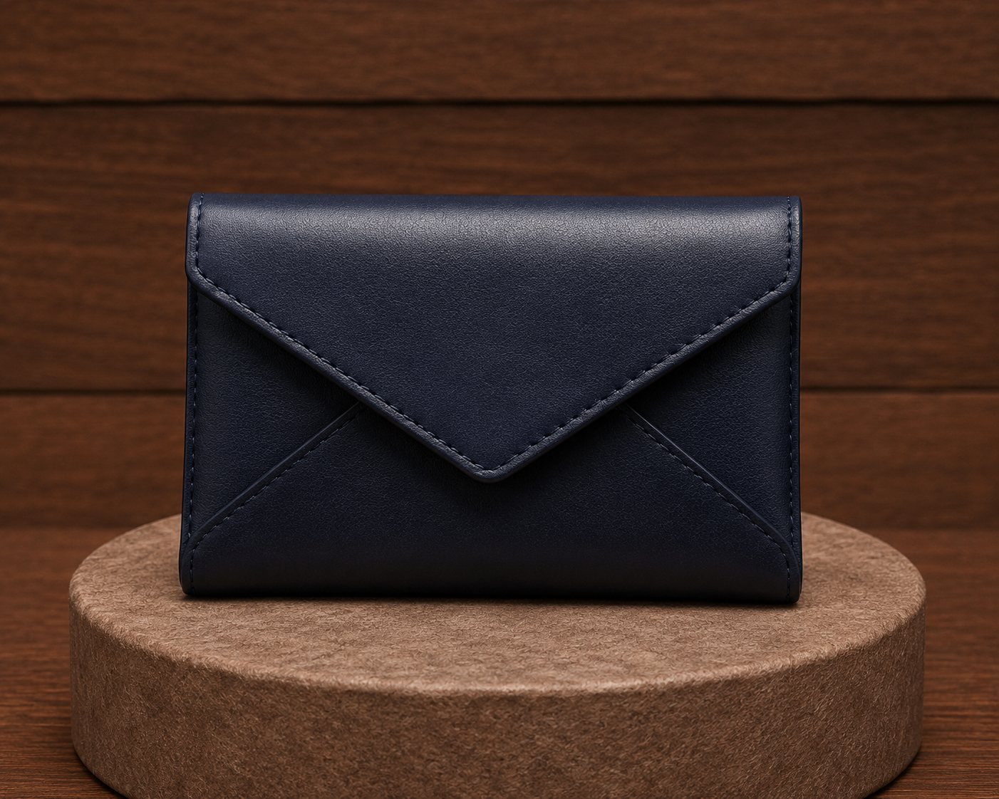 Navy blue leather envelope clutch displaying V-shaped flap and edge stitching