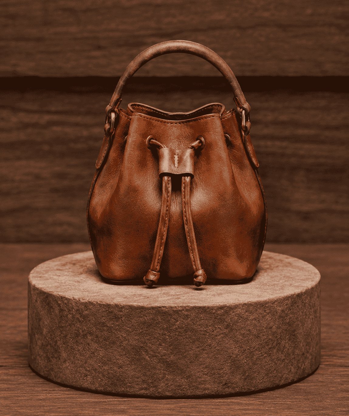 Burnished tan mini leather drawstring bucket bag with top handle