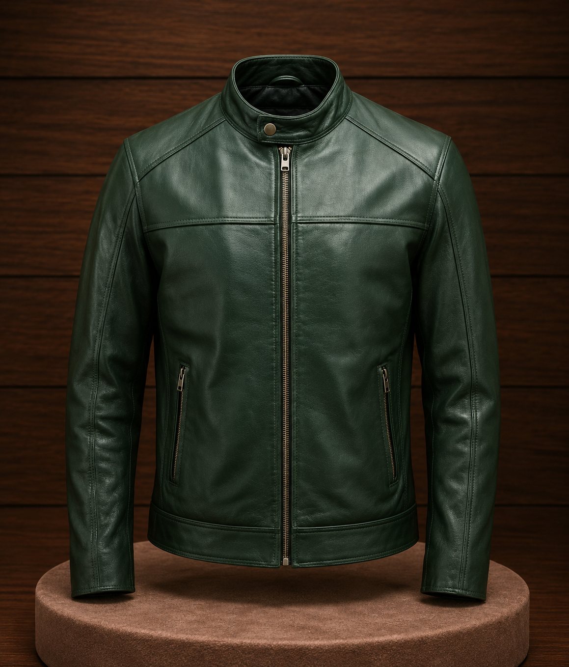 Forest green men's leather racer jacket with band collar and central zipper
