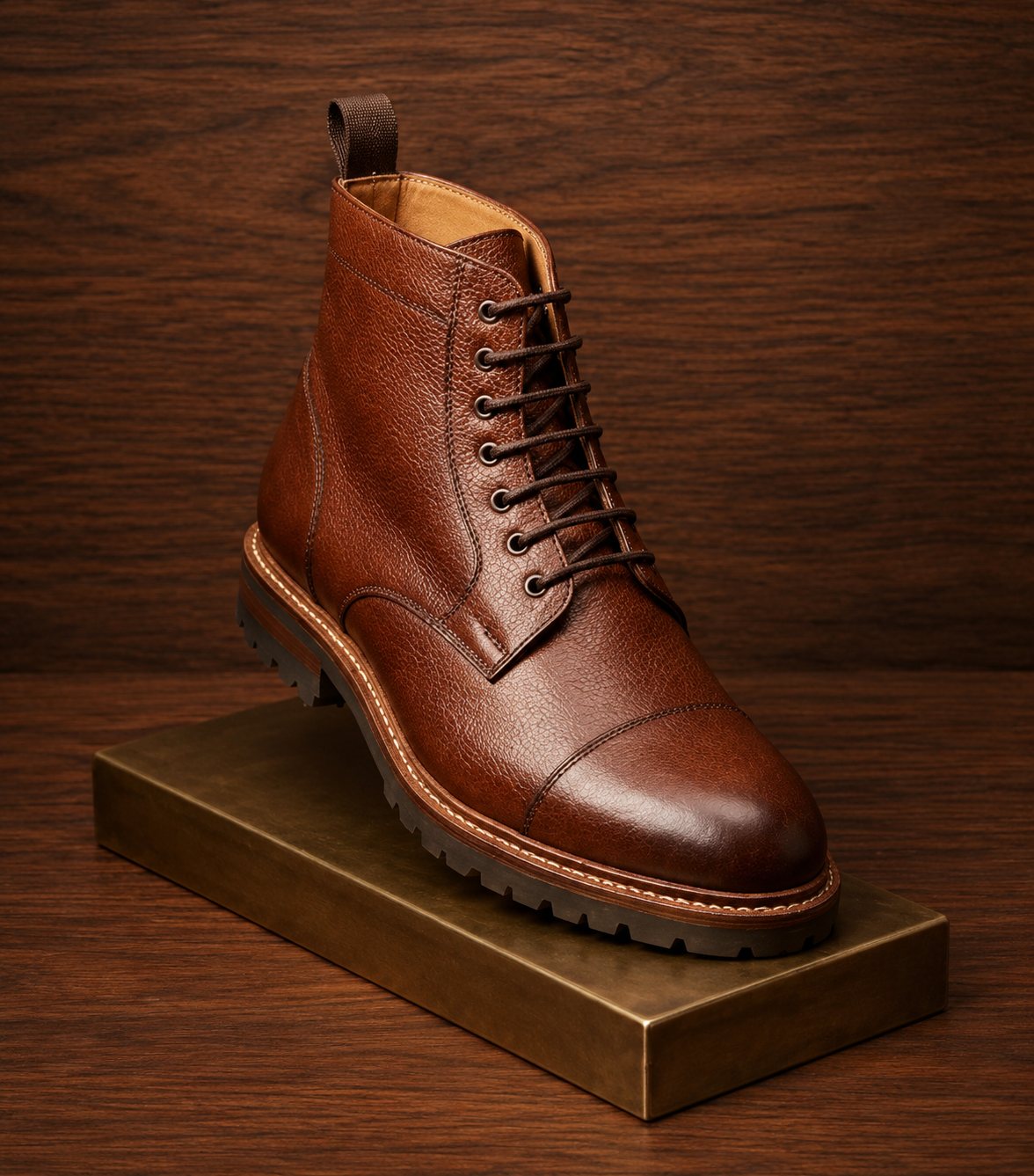 Pebbled cognac leather boot showing cap-toe stitching, eyelets, and thick lugged sole
