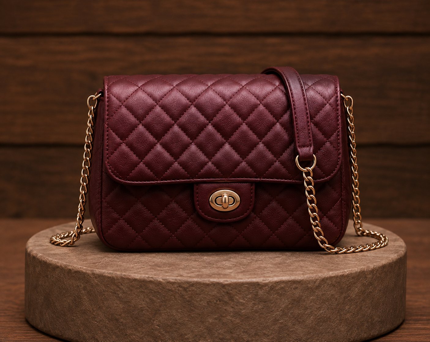 Burgundy quilted leather flap shoulder bag with gold chain strap