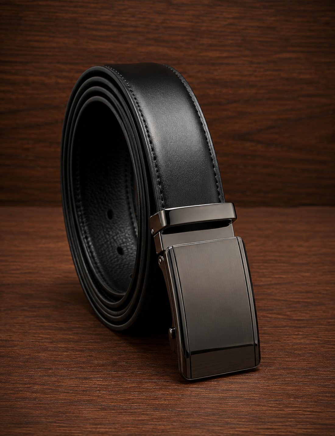 Rolled smooth black leather belt with brushed gunmetal automatic ratchet buckle on dark wooden surface