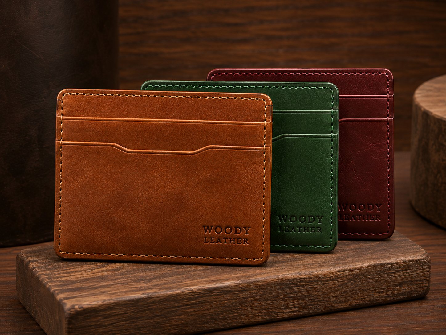 Tan, forest green, and burgundy slim leather card holders showing embossed Woody Leather logo and card slots