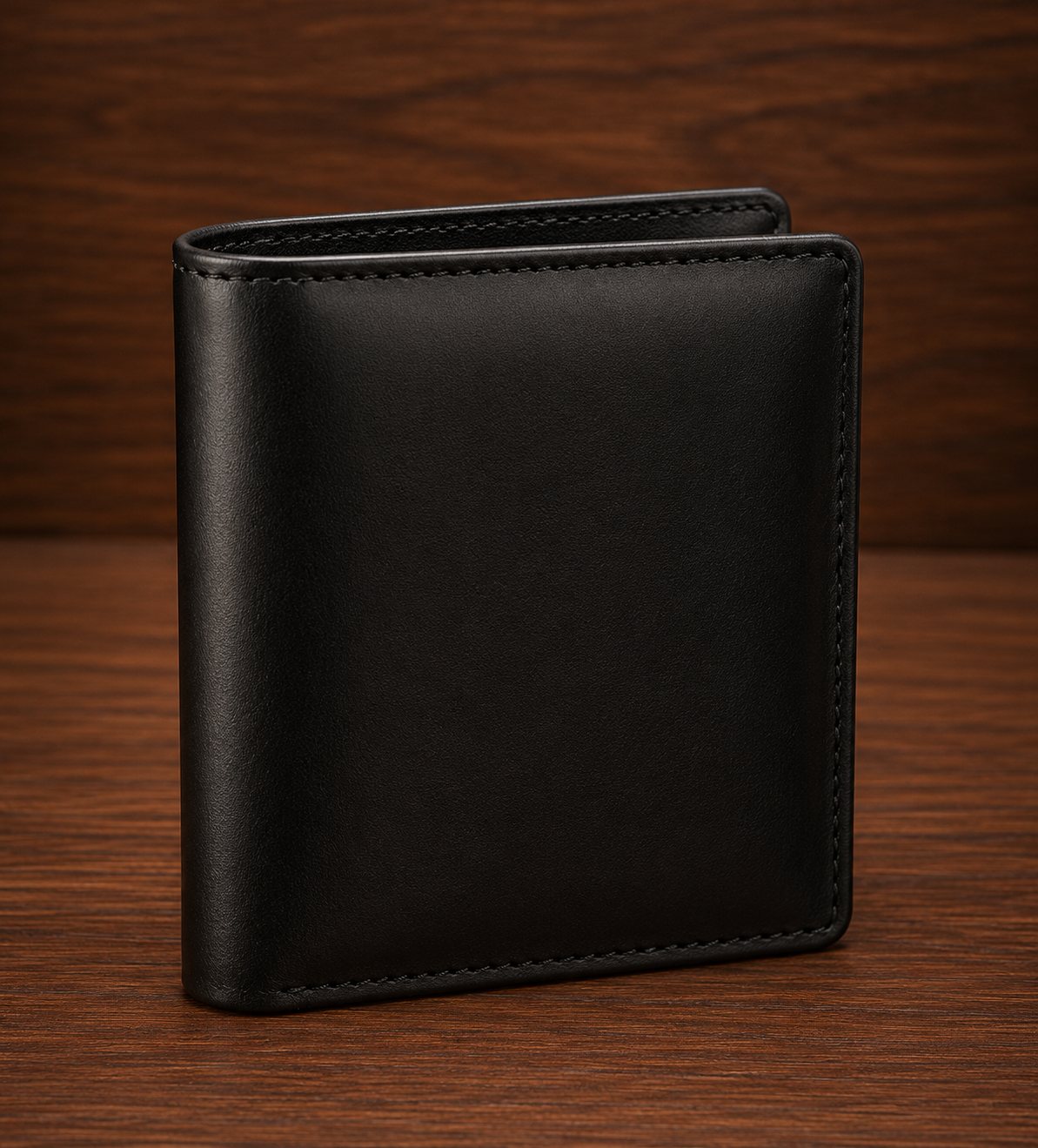 Smooth black leather bifold wallet showing sleek surface finish and fine edge stitch craftsmanship