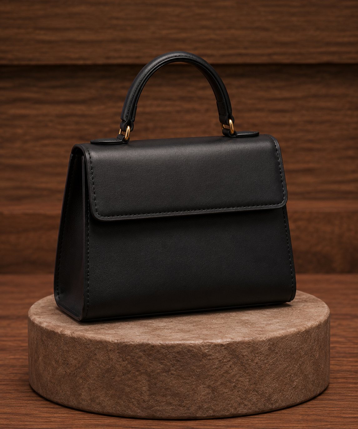 Black structured flap bag displaying top curved handle and clean edge-stitching
