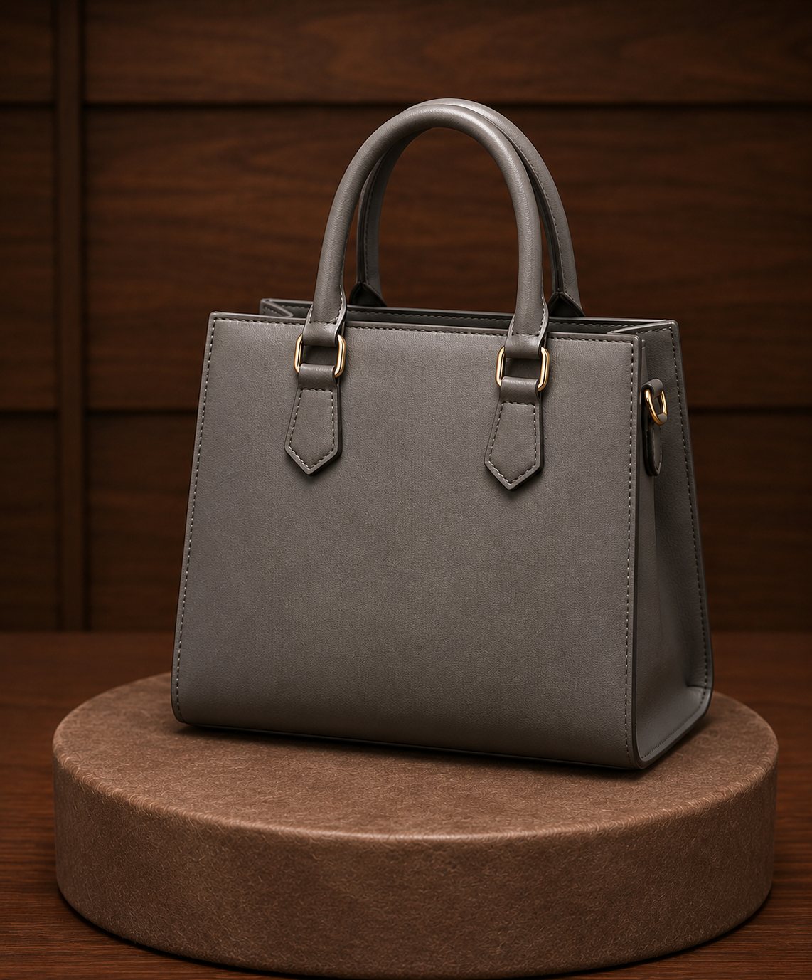 Charcoal grey leather handbag displaying gold handle mounts and side strap attachment D-ring