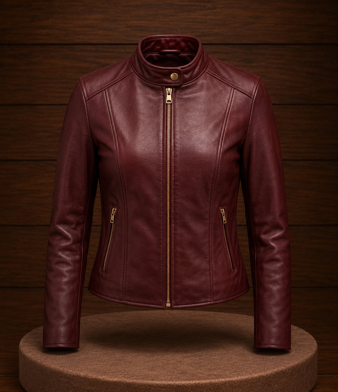 Burgundy women's leather jacket showing brass central zipper, snap band collar, and side panels