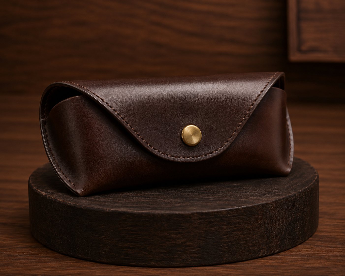 Dark brown leather sunglasses case with envelope flap and brass snap button on round wooden pedestal