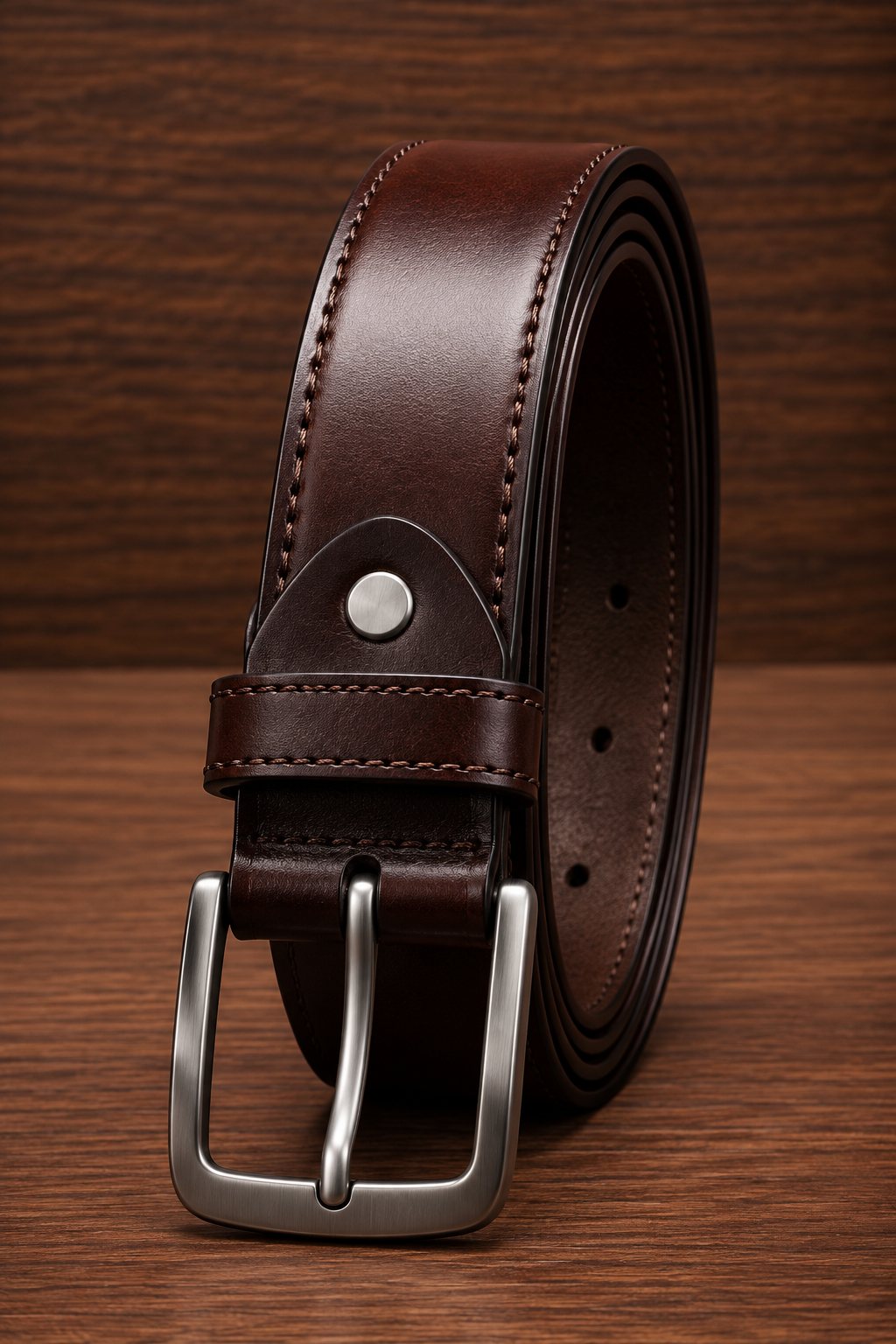 Rolled dark espresso brown leather belt with brushed silver pin buckle and double edge stitching on wood background