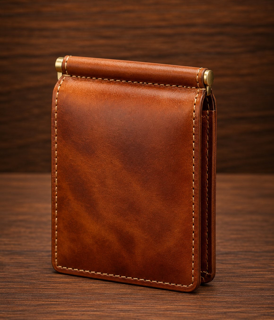 Cognac brown leather wallet showing contrast stitching and brass money clip mechanism
