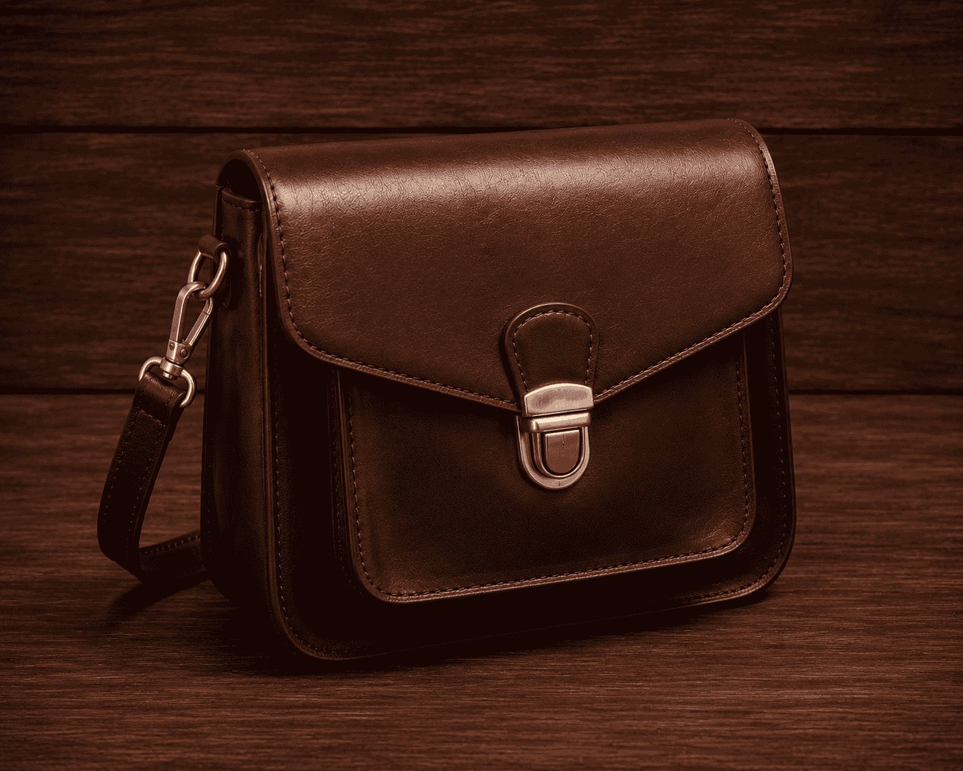 Deep burgundy leather flap bag displaying gold metallic lock detail and front pocket
