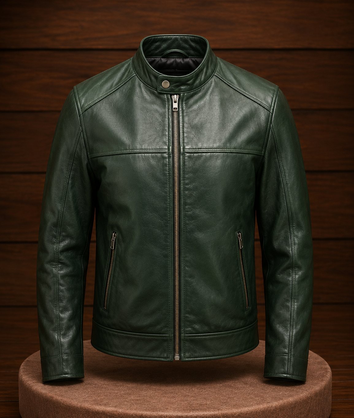 Olive green leather cafe racer jacket showing snap band collar and centered zipper design